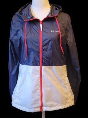 Columbia Navy and White Hooded Windbreaker with Red Trim